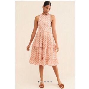 Love & Liberation Pink Medallion Side Cut Out Tiered Ruffle Midi Dress XS NWT
